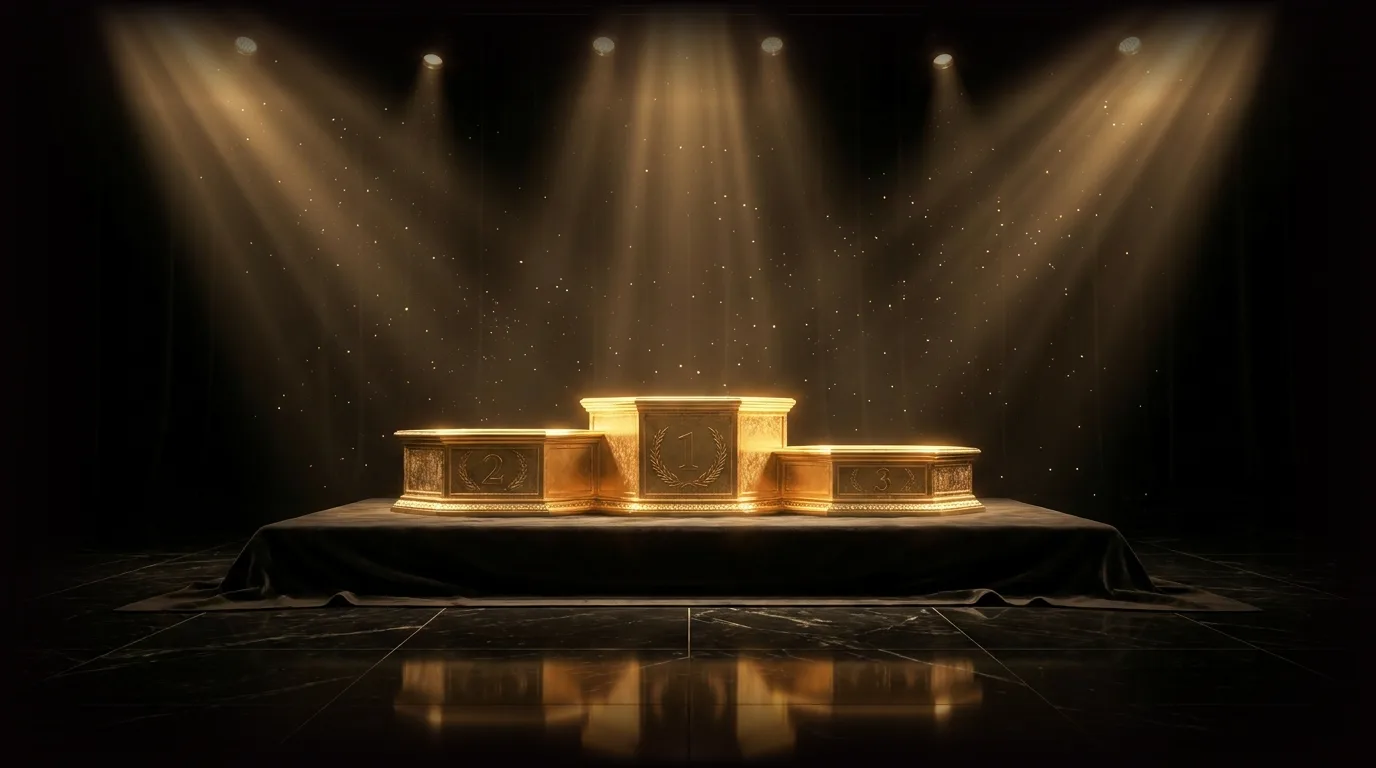 Podio dorado de tres lugares, vacío, esperando a los primeros ganadores